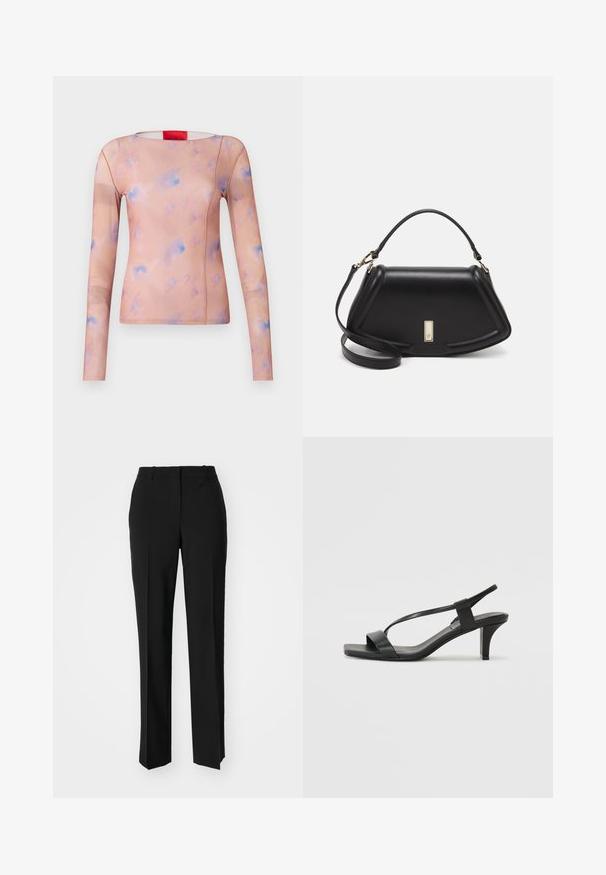 Langermet topp i lys fersken med abstrakte pastellblå og rosa mønstre. Glatt stoff med rund hals og detaljer i sidesømmene.; Sorte skreddersydde bukser med rett silhuett, med en glatt tekstur og klare pressede bretter foran. Ingen synlig maskinvare.; Svarte hæl-sandaler med et slankt stroppedesign, firkantet tå og en mellomhøy blokkheel. Laget av glatt lær med en matt finish.; Sort lærveske med en strukturert design, som har en avkortet form, topphåndtak og detaljer i gull. Justerbar skulderstropp inkludert.