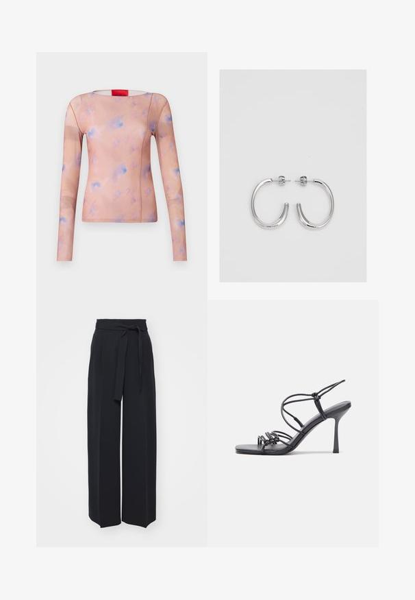 Langärmliges Oberteil in hellem Pfirsich mit abstrakten pastellblauen und -rosa Mustern. Glatter Stoff mit Rundhalsausschnitt und Seitennähten.; Schwarze weite Hosen aus weichem Stoff. Mit einem Gürteltäfelchen und vorderen Falten. Glatte Textur mit einem klaren, modernen Design.; Schwarze, hochhackige Sandalen mit dünnen Riemen und einem geknoteten Design, einer glatten, rechteckigen Zehenpartie und einem eleganten Stiletto-Absatz.; Silberne Creolen mit einer glatten, glänzenden Oberfläche. Abgerundete Form, leichtes Design, mit einer Steckverschluss.