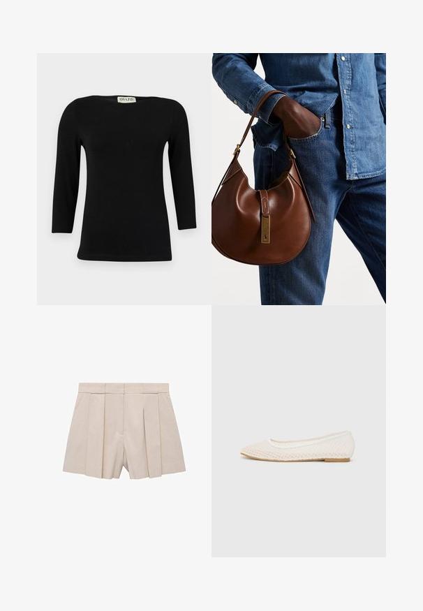 Czarna bawełniana bluzka z długim rękawem z dekoltem w łódkę i dopasowanym krojem. Gładka faktura z delikatnym połyskiem, bez wyraźnych wzorów czy akcentów.; Beżowe plisowane szorty o dopasowanym kroju, z wysokim stanem i gładką teksturą. Cztery frontowe plisy nadają objętości. Bez kieszeni.; Białe płaskie buty z siateczkowym wzorem, ostro zakończone, z niską, płaską podeszwą. Teksturowana cholewka z gładką podszewką i subtelnymi kontrastowymi wykończeniami.; Brązowa skórzana torebka hobo w zaokrąglonym kształcie, z akcentami w złotym kolorze i kontrastowym przeszyciem. Połączona z dżinsową koszulą i spodniami dżinsowymi.