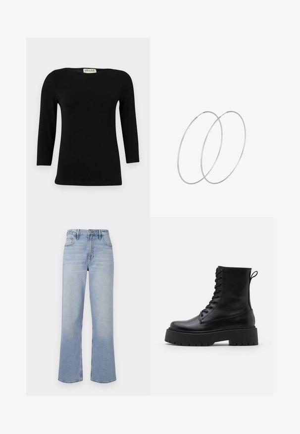 Must värviga pika varrukaga puuvillane topp, millel on paadiserv ja nahksoonekuju. Silmapaistev tekstuur kerge sära ja ilma eristuvate mustrite või aktsentideta.; Heledad hall sinise denimi püksid, sirge jala stiiliga, viie taskuga, nööbi ja tõmbluku sulgemisega ning kanga pehmete fadeerimisdetailidega.; Mustad mustad nahast pahkluu saapad ümarate varvastega, nööridega esiosas ja paksu kummist talla ning tekstuuritud mustriga. Tagumine tõmbeaas.; Hõbedased rõngastikkaehingad minimalistlikus disainis. Ümar kuju, sile tekstuur ja õhuke profiil. Kerged ning poleeritud viimistlusega.