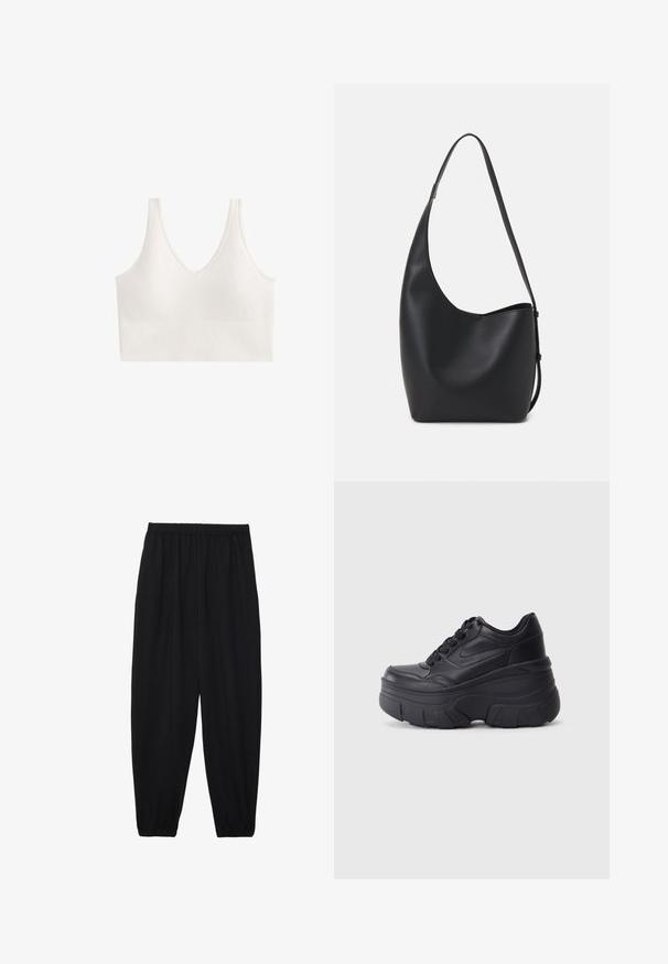 Bralet alb fără fir, cu decolteu în V și un model texturat. Designul are bretele late și o construcție fără cusături.; Pantaloni negri, ușori, cu un brâu elastic și tivuri strânse. Materialul este neted și are un design relaxat, conic.; Adidași negri cu șireturi, cu un toc gros, având partea superioară din piele netedă, vârf rotund și un design distinct de platformă stratificată.; Geantă hobo din piele neagră, cu o textură netedă, formă curbată și un singur bretele ajustabil; are o deschidere largă în partea de sus.