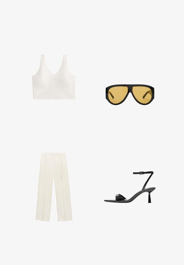 Bílý bezdrátový bralet s výstřihem do V a strukturovaným vzorem. Design obsahuje široké ramínka a bezešvou konstrukci.; Kalhoty s širokými nohavicemi v světle krémové barvě. Vyrobené z hladké tkaniny s záhyby vpředu a bočními kapsami.; Bershka Sandály na vysokém podpatku - black; Sluneční brýle s elegantním černým plastovým rámem a žlutě tónovanými čočkami, s výrazným úhlovým tvarem a širokými obroučkami pro dodatečné zakrytí.