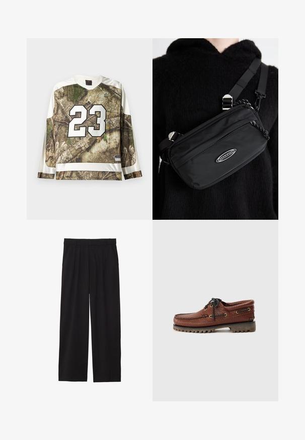 Långärmad sporttröja med camouflagemönster, vit kant, stort nummer 23 i vitt och Jordan-logotyper på bröstet och nederkanten.; Svarta vida byxor med veckad front, sidofickor och en mjuk textur. Designade för en avslappnad passform.; Brun läderbåtsko med strukturerad ovandel, svart snörning och gyllene öglor. Har en hållbar gummisula med ruggad yta.; Svart nylon crossbody-väska med justerbar rem, med en slät textur, en framficka med dragkedja och en logotypdetalj.