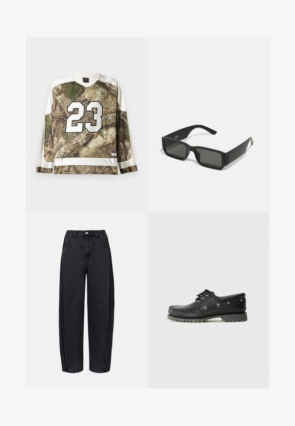 Maglia sportiva a maniche lunghe con motivo mimetico, bordi bianchi, grande numero 23 in bianco e loghi del marchio Jordan sul petto e sull'orlo.; Jeans neri a gamba larga realizzati in denim con una trama liscia. Presentano una vita alta, tasche frontali e chiusura a bottone in vita.; Scarpa nera in tessuto di pizzo con lacci, punta rotonda, occhielli in metallo e suola in gomma grigia resistente. Presenta un motivo intrecciato sulla parte superiore.; Occhiali da sole neri con lenti rettangolari, montatura in plastica opaca e bordi dritti. Presentano il logo del marchio sulla parte interna del braccio.