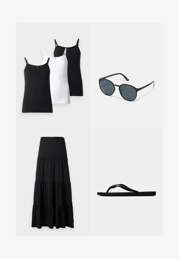 Tři tílka: jedno černé, jedno bílé, obě s tenkými ramínky a přiléhavým designem, vyrobené z měkké, elastické bavlněné látky.; Černá maxi sukně vyrobená z měkké tkaniny, s vrstveným designem, elastickým pasem a volánkovými detaily na lemu.; Černé gumové žabky s texturovaným páskem a jednoduchou plochou podrážkou, zobrazené z boku na světlém pozadí.; Kulaté černé sluneční brýle s tmavými skly, vyrobené z plastu. Úzké nožičky s logem na straně, s hladkým povrchem a jemnými akcenty.