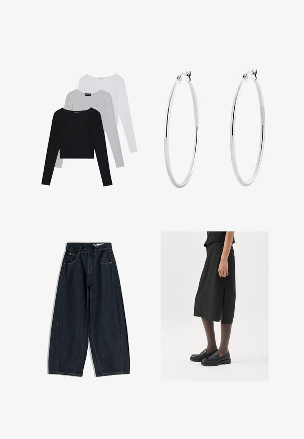 Drei Langarmoberteile in Schwarz, Grau und Weiß, mit V-Ausschnitten und einem verkürzten Design. Hergestellt aus weichem, leichtem Stoff.; Dunkelblaue weit geschnittene Jeans mit verstellbarem Bund, fünf Taschen und kontrastierenden Nähten. Glatte Textur und lässiger Schnitt.; Schwarzer knielanger Rock mit seitlichem Schlitz, kombiniert mit schwarzen Loafers und transparenten braunen Strumpfhosen, aus glattem Stoff und mit einem schlichten Design.; Silberne Creolen mit einer glatten, polierten Oberfläche und nahtlosem Design, versehen mit abgerundeten Kanten und einem sicheren Verschluss.