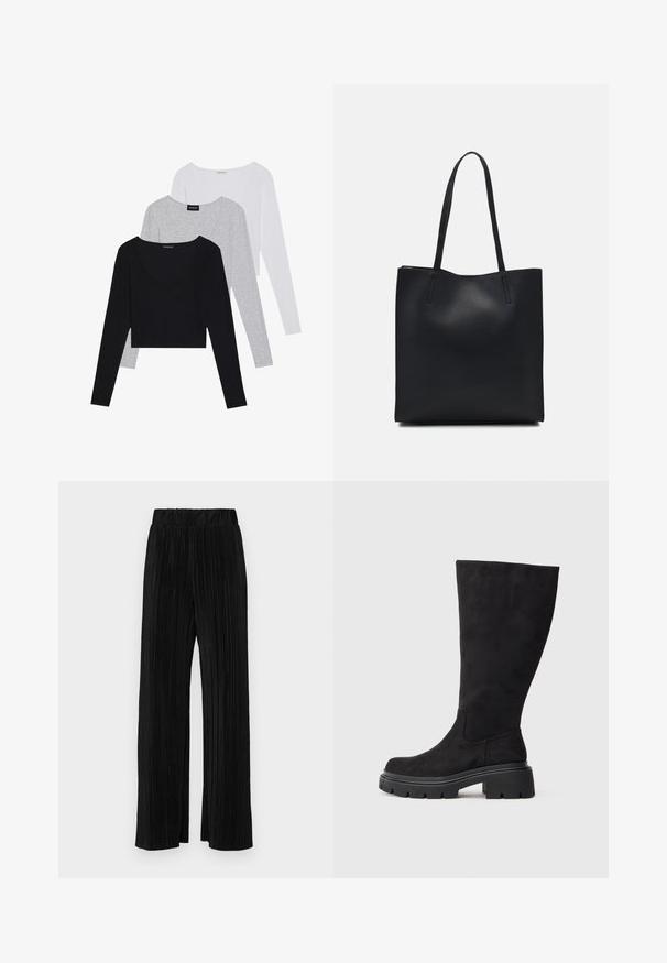 Três blusas de manga longa em preto, cinza e branco, com decote em V e um design cropped. Feitas de um tecido macio e leve.; Calças pregueadas pretas com uma cintura elástica. Apresentam pernas largas e um tecido liso, texturizado com riscas verticais.; Bota preta até ao joelho feita de camurça macia, com sola grossa de borracha preta e biqueira ligeiramente arredondada. Apresenta um design sem costuras e textura lisa.; Bolsa tote preta em couro com textura lisa, forma retangular e duas alças longas. Sem hardware ou enfeites visíveis.