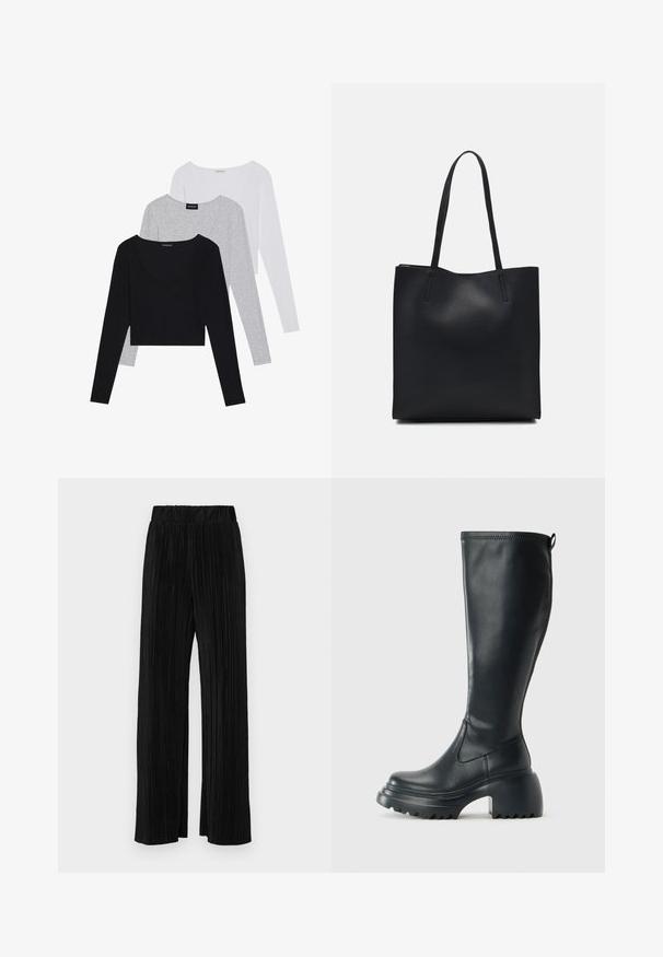 Drei Langarmoberteile in Schwarz, Grau und Weiß, mit V-Ausschnitten und einem verkürzten Design. Hergestellt aus weichem, leichtem Stoff.; Schwarze plissierte Hose mit elastischem Bund. Verfügt über weite Hosenbeine und einen glatten, strukturierten Stoff mit vertikalen Streifen.; Hoher schwarzer Lederstiefel mit einer robusten Plateausohle und Blockabsatz, der über eine Zuglasche und ein strukturiertes Profil an der Außensohle verfügt.; Schwarze Laptoptasche aus Leder mit glatter Textur, rechteckiger Form und zwei langen Griffen. Keine sichtbaren Beschläge oder Verzierungen.