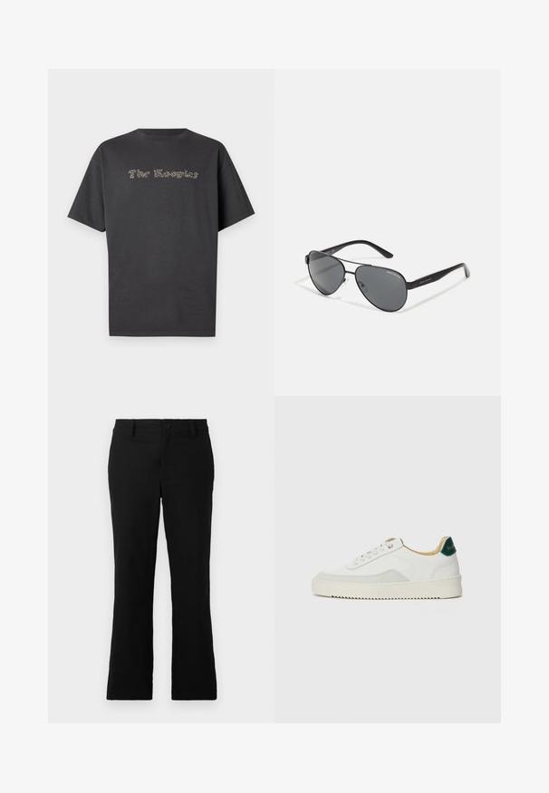 Tumši pelēks īsām piedurknēm T-krekls, izgatavots no kokvilnas. Iekļauj izspiestu tekstu "The Kooples" kontrastējošā krāsā. Klasisks apļa kakla dizains.; Melni plati bikses, izgatavotas no kokvilnas sajaukuma auduma, ar pogu aizdari, jostas cilpām un gludu tekstūru, bez redzamām rakstām.; Baltas sneakers ar zamša akcentiem, noapaļota purngala, plakaniem auklām un krēmkrāsas gumijas zoli. Ar zaļu zīmolu uz papēža.; Melni aviator stila saulesbrilles ar tumšiem stikliem, plānu metāla rāmi un slaidām plastmasas kājām, kas rotātas ar logo akcentiem.