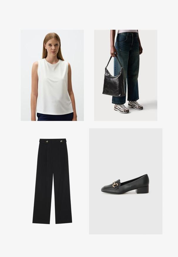 Sleeveless white top in soft fabric with a round neckline, smooth texture, relaxed fit, and a slightly curved hem.; Black wide-leg trousers with high waist, button details on waistband, and front pleats.; Black leather loafers with a flat heel, featuring a decorative gold hardware detail on the front and a smooth texture.; Black leather shoulder bag with a smooth texture and adjustable strap, paired with faded wide-leg jeans and athletic sneakers.