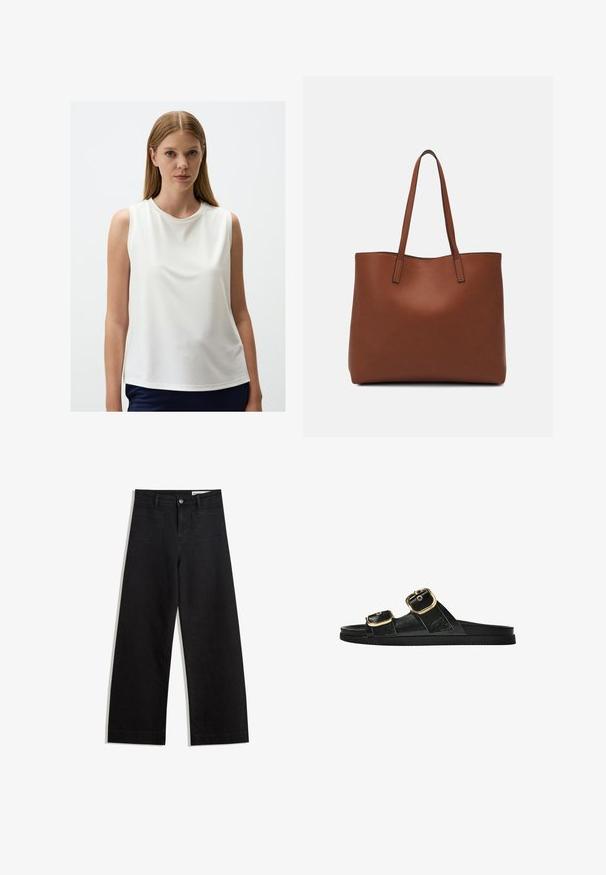 Ärmelloses weißes Oberteil aus weichem Stoff mit rundem Halsauschnitt, glatter Textur, lockerem Schnitt und leicht gebogtem Saum.; Schwarze weit geschnittene Jeans mit hoher Taille, ausgestattet mit Vorder- und Hintertaschen, gesteppten Nähten und einem Knopfverschluss. Glatte Textur.; Schwarze Riemensandale mit zwei goldenen Schnallendetails, glattem Material, flachem Sohlen und minimalistischer Gestaltung.; Braune Leder-Tote mit glatter Textur, offenem Oberteil und zwei Schulterriemen. Verfügt über minimale Nähte und keine sichtbaren Beschläge.