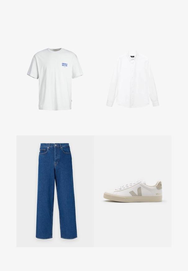 Weißes Baumwoll-T-Shirt mit lässiger Passform, mit blauer Aufschrift "ORIGINALS SINCE 1990" auf der linken Brust und einem gewebten Etikett an der Seite.; Weißes langärmliges Hemd mit Button-Down-Kragen, Knöpfen vorne, geradem Saum und weichem Baumwollstoff. Minimalistisches Design ohne Muster.; Weite blaue Jeans aus Denim mit hoher Taille, Fünf-Taschen-Design und Kontrastnähten entlang der Nähte und Taschen.; Weiße Ledersneaker mit beigen Akzenten, flacher Gummisohle, runder Zehenpartie und kontrastierendem Logo an der Seite und Rückseite. Mit Schnürdesign.