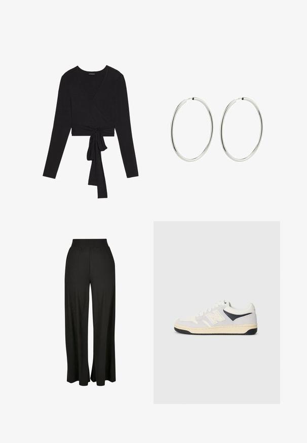 Even&Odd Langarmshirt - black; Schwarze weit geschnittene Hose mit vertikal geripptem Textur und elastischem Hohe Taille. Verfügt über seitliche Taschen und ein fließendes Stoffdesign.; Sportliche Sneakers in Weiß, Grau und Schwarz. Mit Wildleder- und Textilmaterialien, perforierter Zehenpartie und Logo an der Seite. Gummisohle.; Silberne Creolen mit einer glatten, polierten Oberfläche. Kreisförmig, gleichmäßige Breite, entworfen für einfaches Anlegen. Einfach und elegant.