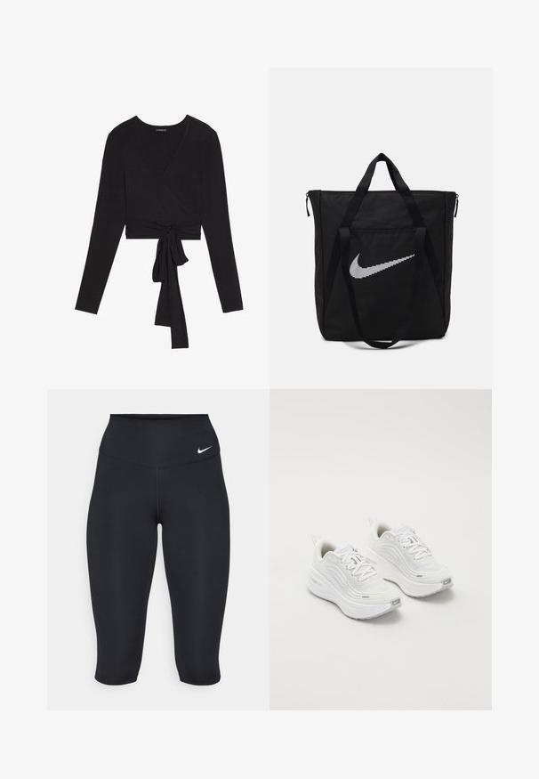 Even&Odd Top s dlhým rukávom - black; Nike čierne legíny do polovice lýtok majú vysoký pás, hladký elastický materiál a jemný detail loga na prednej strane.; Biele športové topánky s textúrovaným sieťovým zvrškom, polstrovanou podrážkou a jemnými šedými akcentmi. Obsahujú branding a slučkovú pätku pre jednoduché obúvanie.; Čierna nylonová taška s dvoma pevnými uchami a zipsovým uzáverom. Obsahuje výrazné biele logo Nike vo vrúbkovanom horizontálnom dizajne.