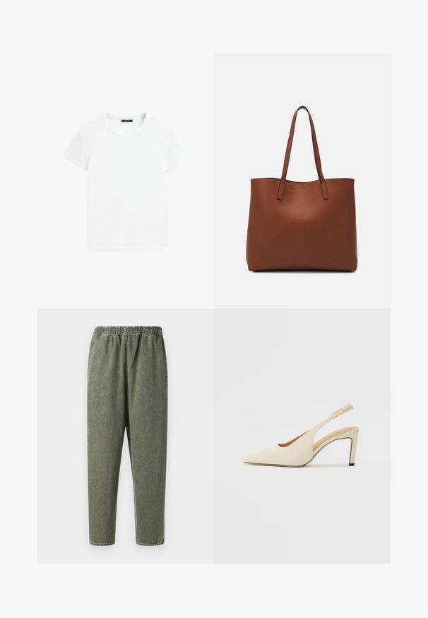 Vit kortärmad T-shirt i mjuk bomull, med rund halsringning och en avslappnad passform med upprullade fållar. Inga mönster eller detaljer.; Gröna byxor i bomullsblandning med elastisk midja, avsmalnande ben och slät textur. Inga synliga detaljer eller mönster.; Beiga läderklackar med slingback, spetsig tå, öppen sidodesign och smal hög klack. Har en guldaccent på remmen.; Brun läder tote-väska med en slät textur, öppen toppdesign och två axelremmar. Har minimal söm och ingen synlig metalldetalj.