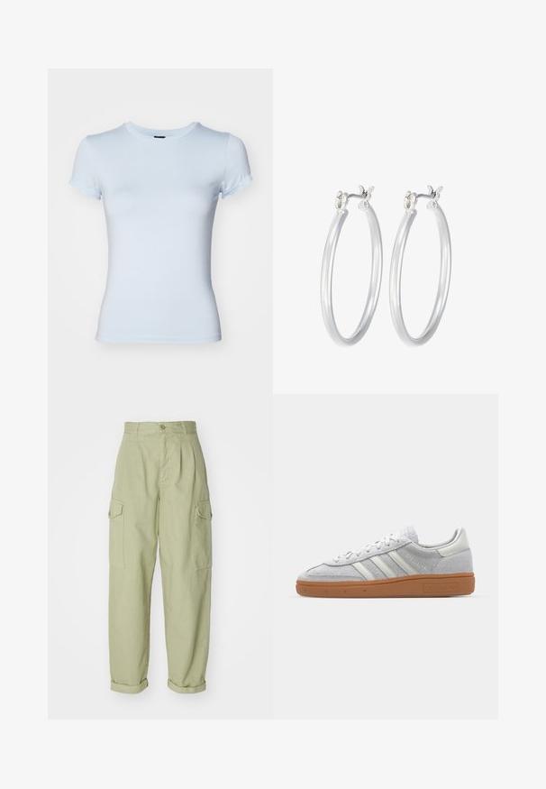Light blue short-sleeve fitted t-shirt made of soft cotton. Features a rounded neckline and minimal stitching detail.; Light green cargo pants made from cotton fabric. Features a high waist, rolled cuffs, and two side cargo pockets for added utility.; Light grey suede sneaker with white leather accents, three white stripes, and a brown rubber sole, featuring a padded collar for comfort.; Silver hoop earrings with a smooth, polished finish. Round shape and secure click-top closure. Lightweight design suitable for everyday wear.