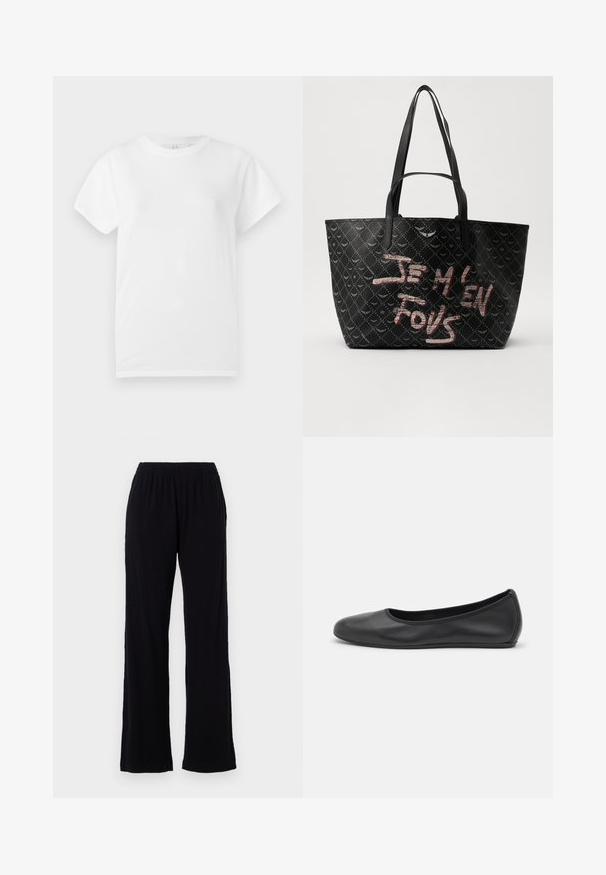 Weißes Baumwoll-T-Shirt mit kurzen Ärmeln und Rundhalsausschnitt. Glatte Textur und minimalistisches Design, ohne sichtbare Muster oder Akzente.; Schwarze, leichte, elastische Hose mit geradem Bein. Weicher Stoff ohne sichtbare Muster oder Akzente. Schlichter und vielseitiger Stil.; Schwarze Leder-Ballettschuhe mit abgerundeter Spitze, glatter Textur, minimalen Nähdetails und einem flexiblen Sohlen-Design.; Schwarze Tote-Bag aus strukturiertem Material mit Rautenmuster, Schulterriemen und auffälligem roten und weißen Text "JE M'EN FOUS."