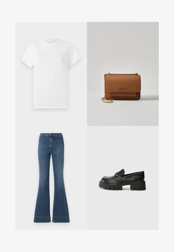 White cotton t-shirt with short sleeves and a crew neckline. Smooth texture and minimal design, featuring no visible patterns or accents.; Flared blue jeans in a medium wash, featuring a high waist, five pockets, and slight fading around the knees and thighs.; Black leather loafers with a chunky sole, featuring a gold-tone accent on the front and a smooth finish. Chunky tread design on the sole.; Brown textured leather crossbody bag with gold chain strap and flap closure. Front features logo detail and a pocket under the flap.