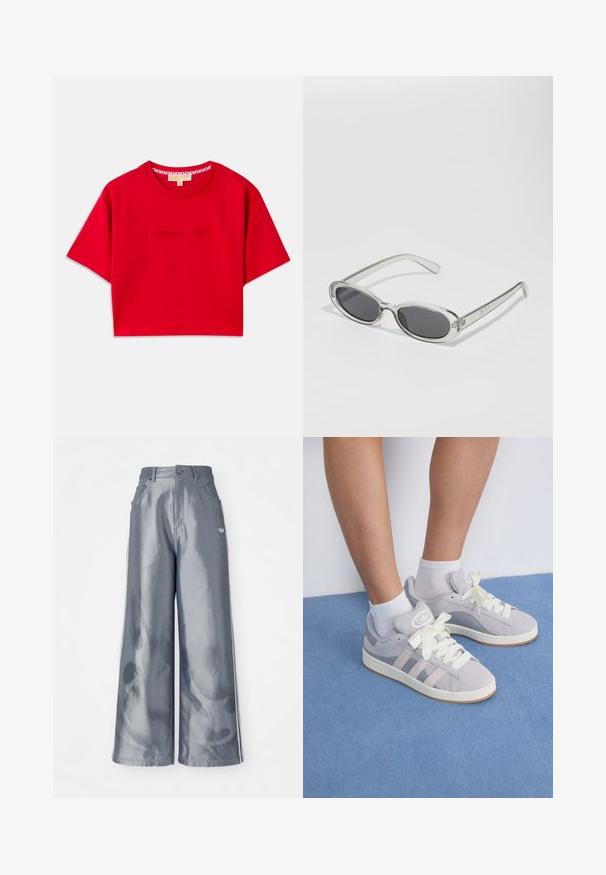 Raudona trumpa medvilninė marškinėlių palaidinė su rebro tipo apykakle ir iškilusiu "MICHAEL KORS" logotipu priekyje. Trumpomis rankovėmis.; Plačios kelnės iš blizgaus pilko medžiagos, su baltomis šoninėmis juostelėmis ir liepsnos raštu apatinėje dalyje. Mygtuko ir užtrauktuko uždarymas juosmens srityje.; Pilki zomšiniai sportbačiai su baltais raišteliais ir guminiais padais, puikuojantys trimis įstrižainėmis juostelėmis šone ir logotipo etikete ant liežuvio.; Akiniai nuo saulės ovalo formos, su skaidriu plastiko rėmu, tamsiai pilkais objektyvais ir plonomis skaidriomis šakėmis, dekoruotais logotipų akcentais ir minimaliais detalėmis.