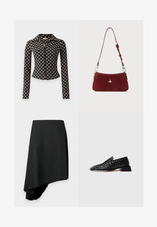 Fekete, testhezálló kabát bézs gótikus "M" mintával, hosszú ujjakkal, teljes elől zippel és hegyes gallérral.; Fekete csíkos szoknya aszimmetrikus szegéllyel, nyers szélekkel. Könnyű anyagból készült, sima textúrával.; Fekete bőr, szőtt slip-on cipő alacsony blokk sarkú és fodros szegéllyel, fehér háttér előtt bemutatva.; Piros velúr válltáska ívelt formával. Ezüst tónusú kiegészítőkkel és állítható pánttal, hardver részletekkel. Simább felszíne van.