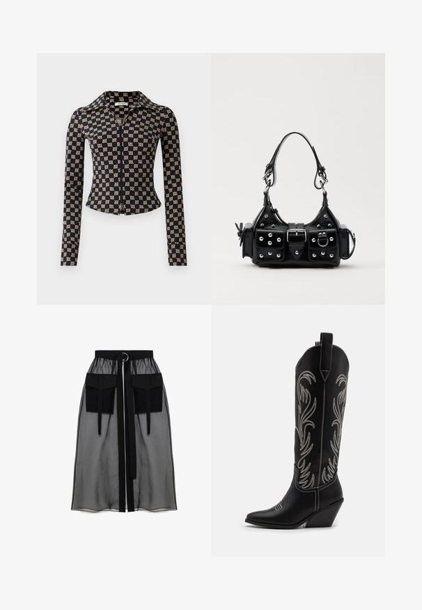 Juodas prigludęs švarkas su kreminės spalvos gotikiniu "M" raštu, ilgomis rankovėmis, pilnu priekiniu užtrauktuku ir smailiu apykakle.; Juoda permatoma sijonas su surinkta liemene, dviem didelėm priekinėm kišenėm, liemens raišteliu ir apvaliu metaliniu akcentu.; Juodi oda kaubojiški batai su smailiu nosiu, stulpeliu ir sidabriniais siuvinėti gėlių raštais palei šoną. Kontrastingas siuvinėjimas visoje bato dalyje.; Juodas odinis rankinukas su kreiviu dizainu, su sidabro spalvos knopkėmis, užsegimu ir dviem šoninėmis kišenėmis. Reguliuojama dirželis nešimui.