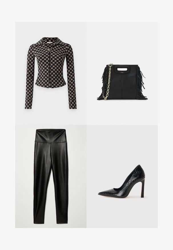 Czarna dopasowana kurtka z beżowym wzorem gothic „M”, długie rękawy, pełny zamek z przodu oraz spiczasty kołnierz.; Czarne legginsy z ekologicznej skóry z wysokim stanem, charakteryzujące się gładką teksturą i dopasowanym krojem, sięgające do kostek.; Czarne szpilki z ostrym noskiem, pokryte teksturą skóry krokodyla, charakteryzujące się eleganckim wzornictwem, wysokim obcasem w stylu stiletto oraz gładkim czarnym wnętrzem.; Czarna skórzana torebka na ramię z frędzlami, złotym łańcuszkiem oraz wyciętym uchwytem. Posiada umieszczone na przodzie logo.