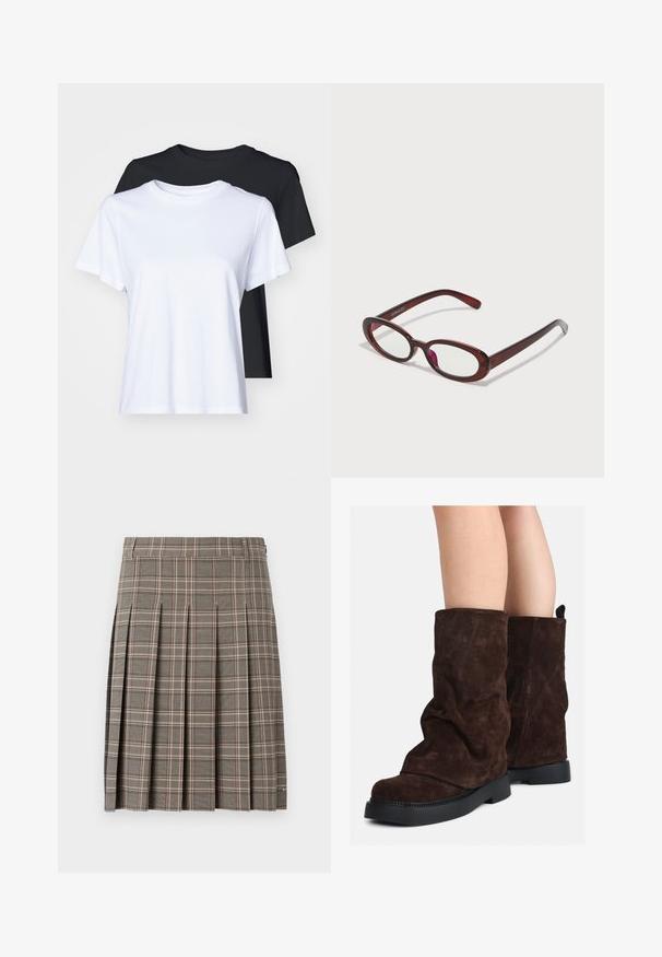 Zwei Kurzarm-T-Shirts in Schwarz und Weiß, aus glattem Baumwollmaterial, mit klassischem Rundhalsausschnitt und regulärer Passform.; Grau karierten Rock mit Falten, der eine Mischung aus dunklen und hellen Tönen sowie feinen Linien in Pink zeigt. Aus strukturiertem Stoff mit einem Bund gefertigt.; Braune Wildleder-Stiefel bis zur Wade mit schwarzen Gummisohlen, die an nackten Beinen getragen werden und leichte Faltenbildung an den Schafthaltern aufweisen.; Ovale rote Sonnenbrillen mit klaren Gläsern und schlanken braunen Fassungen. Das Design weist sanfte Kurven und minimalen Hardwareeinsatz auf.