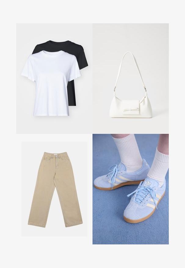 To korte ærmel t-shirts i sort og hvid, lavet af glat bomuld, med en klassisk rund halsudskæring og en almindelig pasform.; Beige vidde benbukser lavet af denim, med høj talje, frontlommer og kontrast søm. Designet inkluderer en knaplukning.; Lyseblå ruskindsneakers med hvide striber, flade snørebånd og en sål af gummirubber. Ribbet hvide sokker bæres over anklen.; Hvid syntetisk håndtaske med en trekantet form, flad forsideklap og sløjfedetalje, justerbar strop, glat tekstur og minimalistisk design.