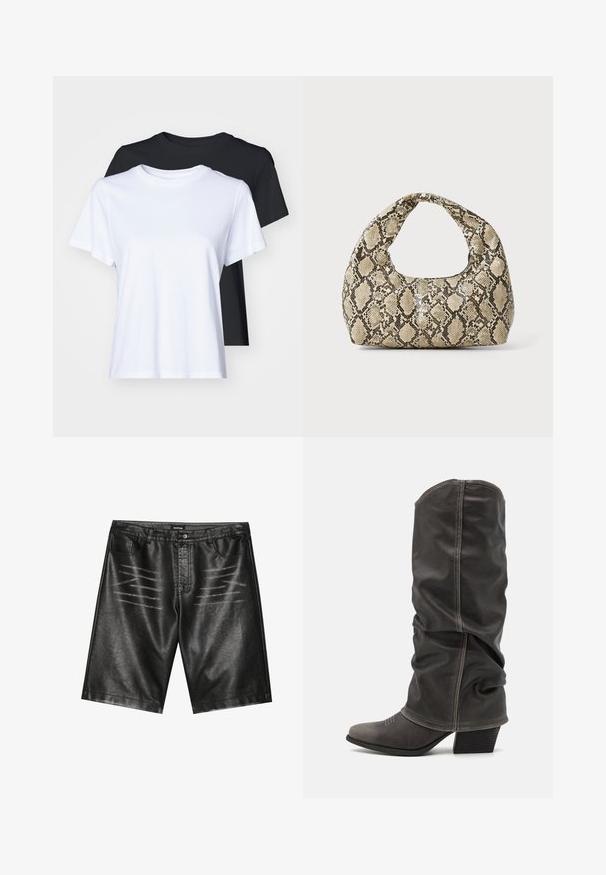 Dos camisetas de manga corta en negro y blanco, hechas de algodón suave, con un cuello redondo clásico y un ajuste regular.; Shorts de poliéster negro con textura suave, cinco bolsillos y un sutil detalle de rayas en la parte delantera. Diseño clásico de corte recto.; Botas de cuero gris hasta la pantorrilla con un diseño holgado, punta afilada y tacón apilado. Detalle de costura notable en la zona de los dedos.; Bolso de mano con estampado de serpiente y asa curvada. Hecho de materiales texturizados en tonos beige y marrón, con un patrónen diamante distintivo.