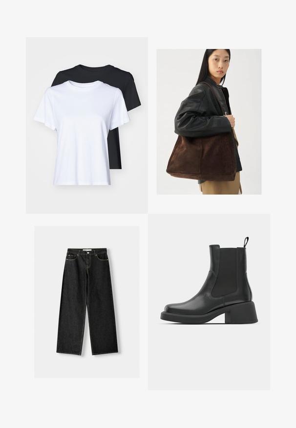 Két fekete és fehér rövid ujjú póló, sima pamutból készült, klasszikus kerek nyakkivágással és szabványos illeszkedéssel.; Fekete farmer széles szárú nadrág, öt zsebbel, fémből készült gombbal és cipzárral, valamint kontrasztos sárga varrással az illesztéseknél.; Fekete bőr bokacsizma elasztikus oldalsó panelekkel, kerek orral és vastag blokk sarokkal. Sima textúra, minimalista design.; Barna velúr válltáska széles formával és puha textúrával, egyetlen pánttal és minimális fémalkatrészekkel egy semleges háttér előtt.