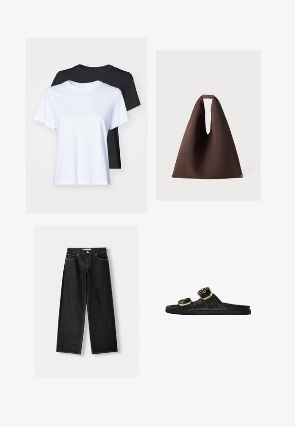 To korte ærmel t-shirts i sort og hvid, lavet af glat bomuld, med en klassisk rund halsudskæring og en almindelig pasform.; Sorte denim bukser med bred ben, der har fem lommer, metalknap og lynlås lukning samt kontrasterende gul syning langs sømmene.; Sort skridsandal med to guldspænder, glat tekstureret materiale, flad sål og et minimalistisk design.; Brun stof tote bag med en unik form, der har en bred åbning, struktureret overflade og en lille cirkulær detalje i bunden.