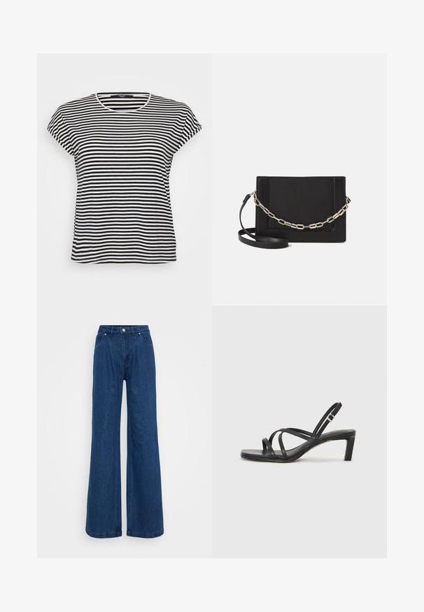 Black and white striped short-sleeve t-shirt with a round neckline and a loose fit, made from soft cotton fabric.; Wide-leg blue denim jeans with a high waist, featuring front pockets and a button closure. Smooth texture with no visible patterns.; Black strappy sandal with a square toe and a low block heel. Features multiple thin straps and an adjustable ankle strap. Made of smooth leather.; Black leather crossbody bag featuring a smooth texture, rectangular shape, and a metallic chain detail on the front. Adjustable strap included.