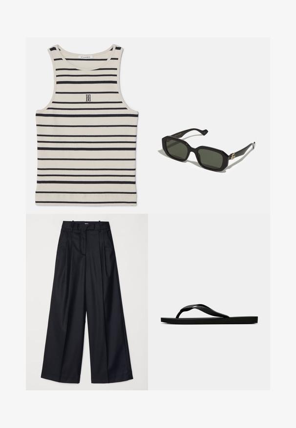 By Malene Birger AMANIAS - Top - black/white; Black wide-leg trousers made of smooth fabric, featuring a high waist, pleats, and a tailored design. Simple black hardware at the waist.; Black rubber flip-flop sandal with a textured thong strap and simple flat sole, shown from side on a plain light background.; Black rectangular sunglasses with solid green lenses, featuring a glossy finish and a gold logo accent on the side.
