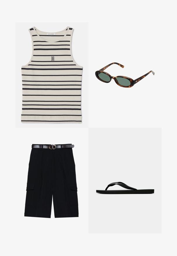 By Malene Birger AMANIAS - Top - black/white; Pantaloni scurți cargo negri, confecționați dintr-un material ușor, cu un croi drept, buzunare laterale și un curea din piele maro cu o cataramă din argint.; Sandala flip-flop din cauciuc negru, cu un bretele texturat și o talpă simplă și plată, prezentată din lateral pe un fundal simplu și deschis.; Ochelari de soare cu ramă din scoică de broască țestoasă și lentile verzi. Au brațe subțiri cu un accent metalic aproape de balamale.