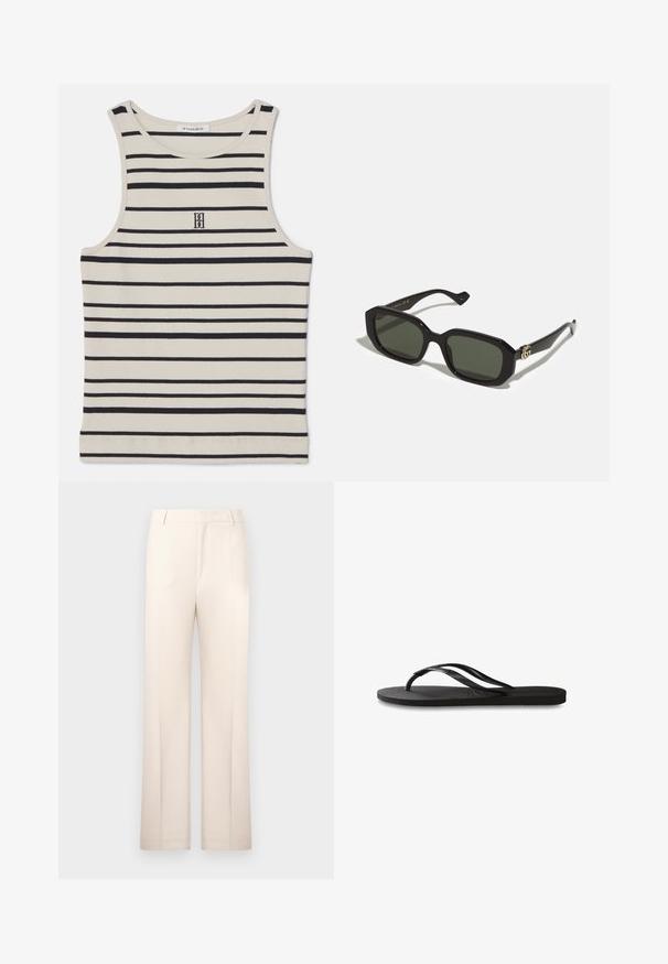 By Malene Birger AMANIAS - Top - black/white; Calças bege ajustadas com um design de perna reta, feitas de um tecido leve. Apresenta pregas frontais e uma cintura clássica.; Chinelo preto com sola de borracha texturizada, duas tiras finas e um detalhe de logotipo discreto em relevo na tira.; Óculos de sol retangulares pretos com lentes verdes sólidas, apresentando um acabamento brilhante e um logótipo dourado em destaque na lateral.