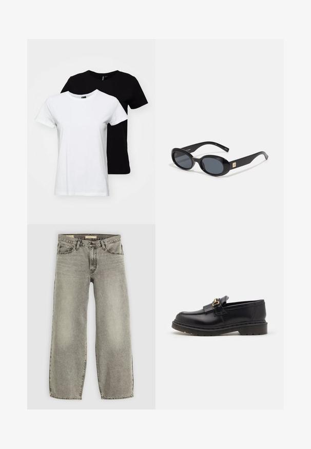 Două tricouri cu mânecă scurtă: unul alb și unul negru. Fabricate din bumbac, având un design clasic de gât rotund și o textură netedă.; Jeans din denim gri deschis, cu picioare largi. Prezintă un stil tradițional cu cinci buzunare și o ușoară decolorare pe întreaga țesătură.; Loafers din piele neagră cu vârf rotunjit, franjuri decorative și accente din hardware auriu. Talpă groasă din cauciuc pentru aderență și durabilitate sporită.; Ochelari de soare ovali negri cu lentile întunecate, ramă din plastic lucios, brațe late și un mic accent de aur pe o parte.