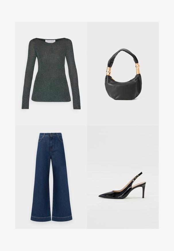 Green glittery long-sleeve top with a boat neckline and fitted design. Features a subtle shimmering texture and soft fabric.; Wide-leg blue denim jeans with a high waist, featuring a button closure, belt loops, and subtle stitching details along the pockets and hems.; Black patent leather slingback pump with pointed toe, slim heel, and a subtle cutout design. Features a gold buckle on the strap.; Black leather handbag with a round shape, soft texture, and a knotted handle featuring gold-tone hardware accents. Zipper closure.