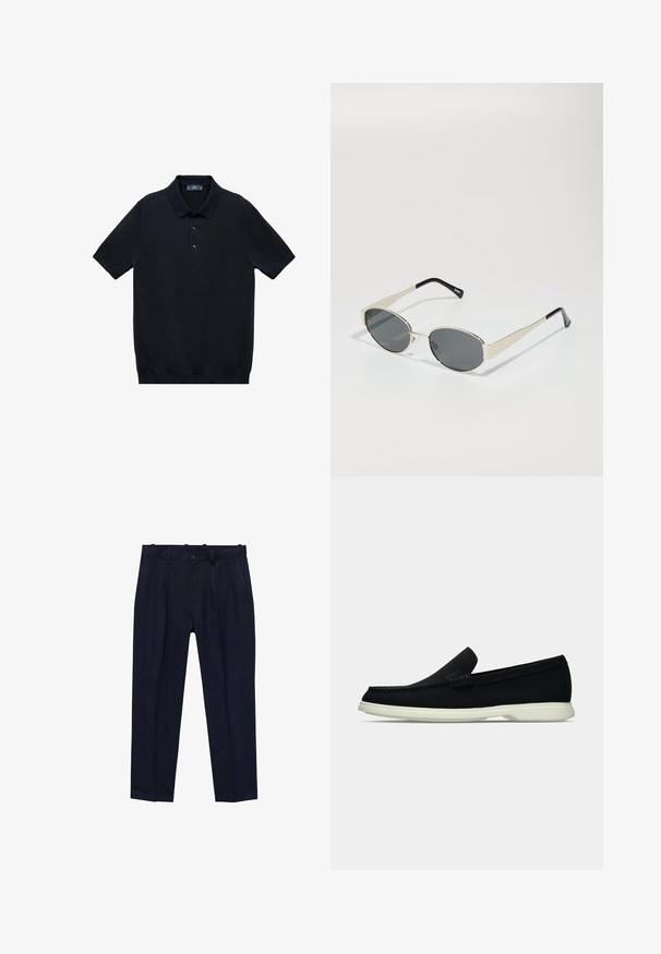 Polo shirt nero a maniche corte realizzato in tessuto morbido con colletto classico e chiusura a tre bottoni; presenta un orlo dritto sul fondo.; Pantaloni navy realizzati in tessuto liscio, con un fit leggermente sagomato, pieghe frontali, passanti per cintura e chiusura a un bottone.; Scarpa nera slip-on con punta arrotondata, caratterizzata da una tomaia texture, una suola bianca liscia e un discreto logo sul lato.; Occhiali da sole con lenti ovali grigie, montatura in metallo argento e dettagli neri sulle astine. Presentano un design elegante e hardware minimale.
