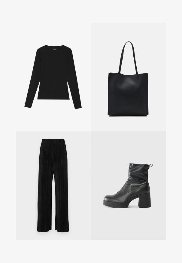 Melna garas piedurknes ribota blūze ar noapaļotu kakla izgriezumu un pieguļošu siluetu. Audumam ir gluda tekstūra un elastīga kvalitāte.; Melni plīšu bikses ar elastīgu jostu. Tām ir platākas kājas un gluda, teksturēta auduma ar vertikālām svītrām.; Melni potītes zābaki, kas izgatavoti no gludas ādas, ar sānu rāvējslēdzēju, masīvu strukturētu papēdi un noapaļotu purngalu.; Melnas ādas somiņa ar gludu tekstūru, taisnstūra formu un divām garām rokturiem. Nav redzamu aparatūras vai rotājumu.