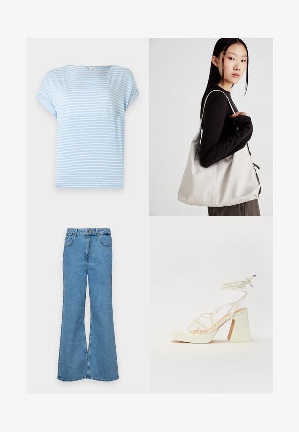 Svijetloplava majica kratkih rukava s bijelim horizontalnim prugama, okrugli izrez i opušteni kroj. Mekana tkanina s minimalnom teksturom.; Svetlo modri razširjeni džins hlače iz denima, z visokim pasom, petimi žepi in enim gumbom za zapiranje. Mehka tekstura z blagim zbledelim videzom.; Bela sandala na visokih petah s debelim petam, ki ima obliko trakcev in vezanje okoli gležnja. Gladka tekstura z platformo spredaj za dodatno višino.; Bežna torbica iz mehkega materiala, z ohlapno zasnovo, šivi in dvema naramnicama. Primerna za vsakodnevno uporabo.