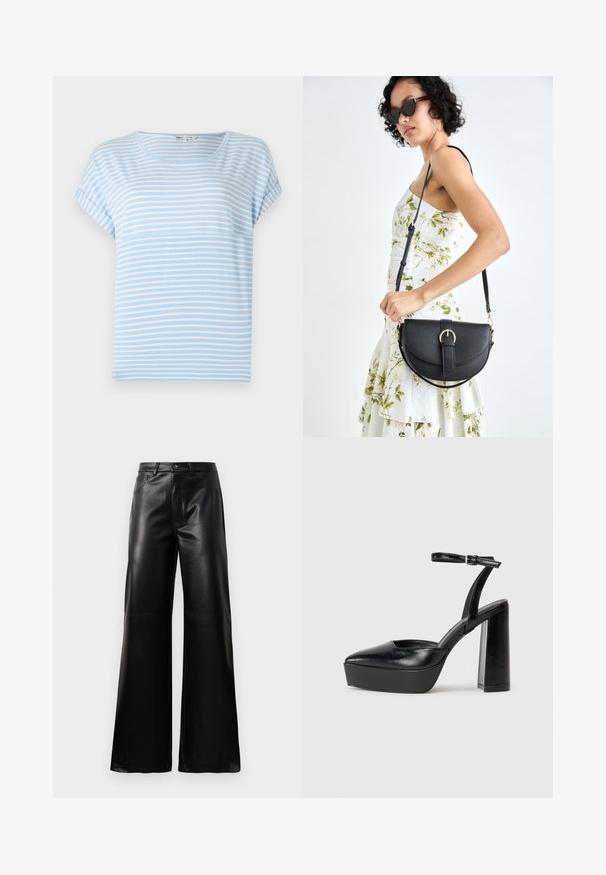 Šviesiai mėlyna trumpomis rankovėmis marškinėliai su baltais horizontaliais dryžiais, apvaliu iškirpimu ir laisvu siluetu. Minkšta medžiaga su minimalia tekstūra.; Juodos aukšto juosmens plačios kojų dirbtinės odos kelnės su priekiniais mygtukais, užtrauktuku, diržo kilpomis ir šoninėmis kišenėmis ant balto fono.; Juodi platforminiai aukšti kulniukai su smailiu kojų pirštu ir reguliuojamu kulkšnies dirželiu. Pagaminti iš lygaus odos, turi masyvų blokinį kulną.; Juodas odinis krepšys su išlenkta forma, nuimamu dirželiu ir auksiniais detalėmis. Krepšys turi kilpą su sagtimi.