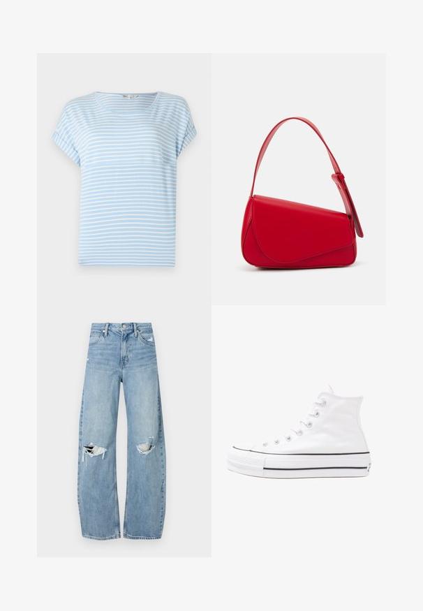 Light blue short-sleeve T-shirt with white horizontal stripes, round neckline, and a relaxed fit. Soft fabric with minimal texture.; Light blue, high-waisted jeans made of denim. Feature wide legs, two torn knee areas, and classic five-pocket styling.; White high-top canvas sneaker with black rubber sole, front rubber toe cap, and six eyelets for laces, featuring a clean, minimalist design.; Red leather handbag with an angular, geometric design. Features a single adjustable strap and a flap closure with stitched detailing.