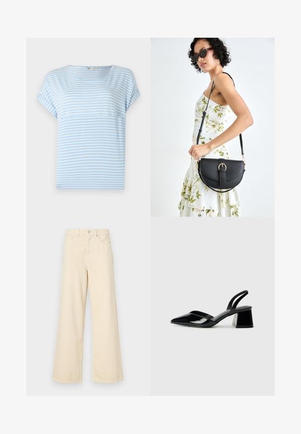 Tricou scurt cu mânecă scurtă, de culoare albastră deschisă, cu dungi orizontale albe, decolteu rotund și o croială lejeră. Material moale, cu o textură minimă.; Blugi bej cu croi larg, din bumbac. Au închidere cu nasture, bucle pentru curea și buzunare frontale, cu o textură netedă și moale.; Pantofi cu toc slingback din piele lacuită neagră, cu vârf ascuțit și toc geometric. Prezintă un design elegant, minimalist și o textură netedă.; Geantă din piele neagră, cu o formă curbată, curea detașabilă și accesorii aurii. Geanta are un capac cu un detaliu tip cataramă.
