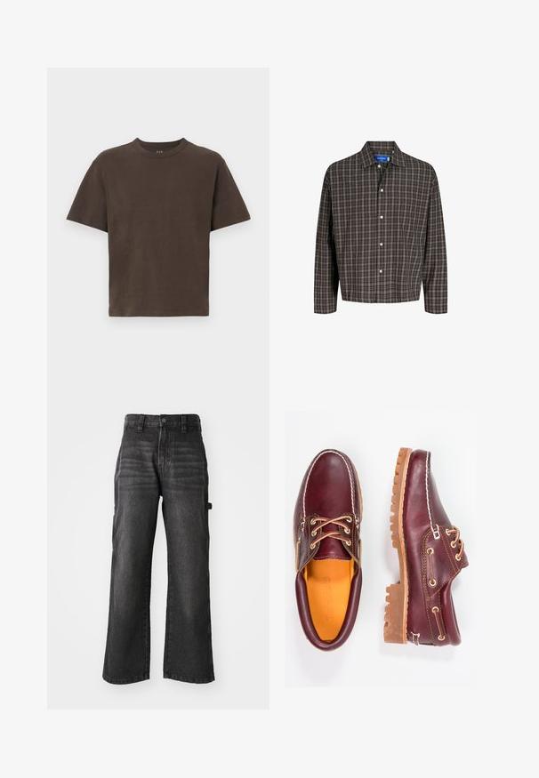 Braunes Baumwoll-T-Shirt mit kurzen Ärmeln und rundem Ausschnitt. Glatte Textur, minimalistisches Design, keine Muster oder zusätzlichen Details.; Braun- und schwarzkariertes Hemd mit Button-Down-Kragen und einer Brusttasche, frontal vor einem weißen Hintergrund präsentiert.; Weite schwarze Denim-Hosen aus weich verarbeitetem Baumwollstoff mit einem ausgewaschenen Finish. Mit einem Knopfverschluss vorne und seitlichen Taschen.; Bordeauxfarbene Lederschuhe mit braunen Gummisohlen, runder Zehenform, weißen Nähten und goldenen Ösen. Das Innenfutter weist eine gelbe Beschichtung auf.