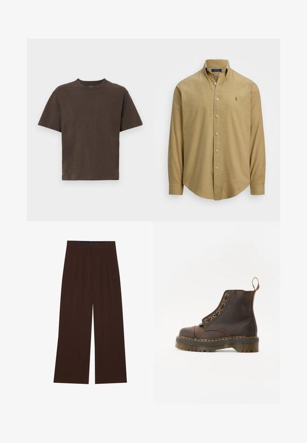 Brun bomulds T-shirt med korte ærmer og rund halsudskæring. Glat tekstur, minimalistisk design, ingen mønstre eller yderligere detaljer.; Lysebrun langærmet skjorte med knapper og krave, lavet af et tekstureret stof. Har et lille logo på brystet.; Brune bredbenede bukser med plisseringer. Lavet af et glat stof, der har en skræddersyet talje og sidelommer. Flad kant nederst.; Brun læder ankelstøvle med rund tå, kontrasterende gul syning, dekorative metaløjer og en ribbet gummisål.