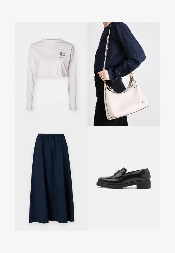 Cropped long-sleeve shirt in light gray cotton, featuring a high neck and black "Calvin Klein Jeans" logo on the left chest.; Navy blue, full-length skirt made from textured fabric with an elastic waistband and subtle vertical stripes.; Black polished leather loafer with low block heel, stitched toe, and metal buckle detail on upper, shown in side profile on white background.; A beige leather handbag with dark trim, a curved silhouette, gold hardware, and a detachable strap, held at the side against a dark outfit.