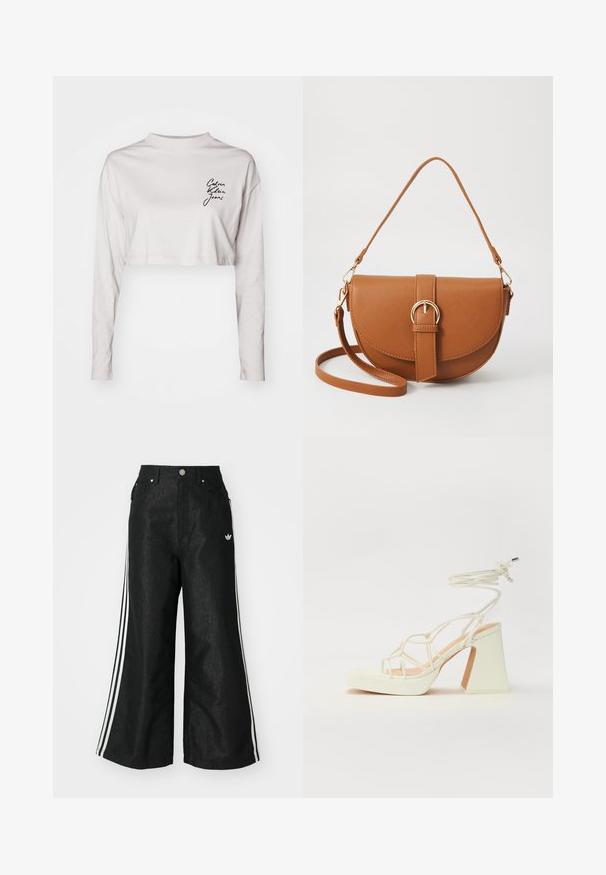 Przycięta koszula z długim rękawem w jasnoszarym kolorze, wykonana z bawełny, z wysoką szyją i czarnym logo "Calvin Klein Jeans" na lewej piersi.; Czarne dżinsy o szerokich nogawkach z trzema białymi paskami po bokach i małym białym logo. Posiadają przednie kieszenie i zapięcie na guzik.; Biała sandał na wysokim obcasie z masywnym słupkiem, z paskowym wzorem i wiązaniem przy kostce. Gładka faktura z platformą z przodu dla dodatkowej wysokości.; Brązowa skórzana torba na ramię o zaokrąglonym kształcie, ze złotymi akcentami i zapięciem w formie klamry. Posiada odpinany pasek na ramię.