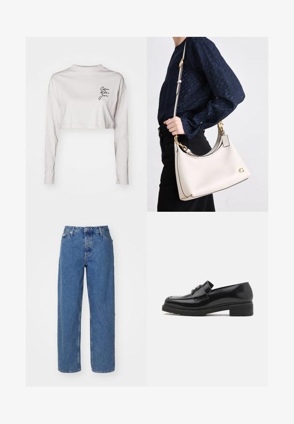Cropped long-sleeve shirt in light gray cotton, featuring a high neck and black "Calvin Klein Jeans" logo on the left chest.; Light blue denim jeans with a high waist, straight leg design, five-pocket styling, and slightly faded texture. Rivet and button closure.; Black polished leather loafer with low block heel, stitched toe, and metal buckle detail on upper, shown in side profile on white background.; A beige leather handbag with dark trim, a curved silhouette, gold hardware, and a detachable strap, held at the side against a dark outfit.