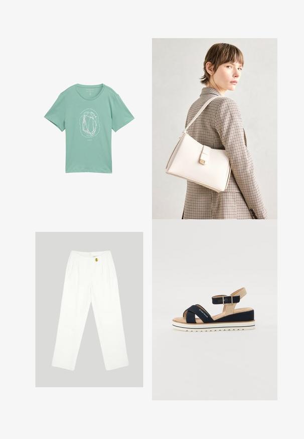 Mėtų žalia trumparankovė marškinėliai iš minkštos medžiagos, suapvalinta balta grafika ir abstrakčiomis linijomis bei tekstu aplink ją.; Balti, plačių kojų kelnės, pagamintos iš sklandžios medžiagos. Žalioje kelnėje yra vienas geltonas mygtukas uždarymui ir raukšlėtas priekinis dizainas. Jokių matomų kišenių.; Tamsiai mėlynos šlepetės su dviem audinio dirželiais, reguliuojamu kulkšnies dirželiu ir tekstūruotu smėlio spalvos užkulniu. Storesnis baltas, banguotas padas. Prekės ženklas atspaustas ant dirželio.; Balto odos rankinė su struktūrizuotu dizainu, turinti magnetinį užsegimą ir petnešą, demonstruojama prieš neutralią foną.
