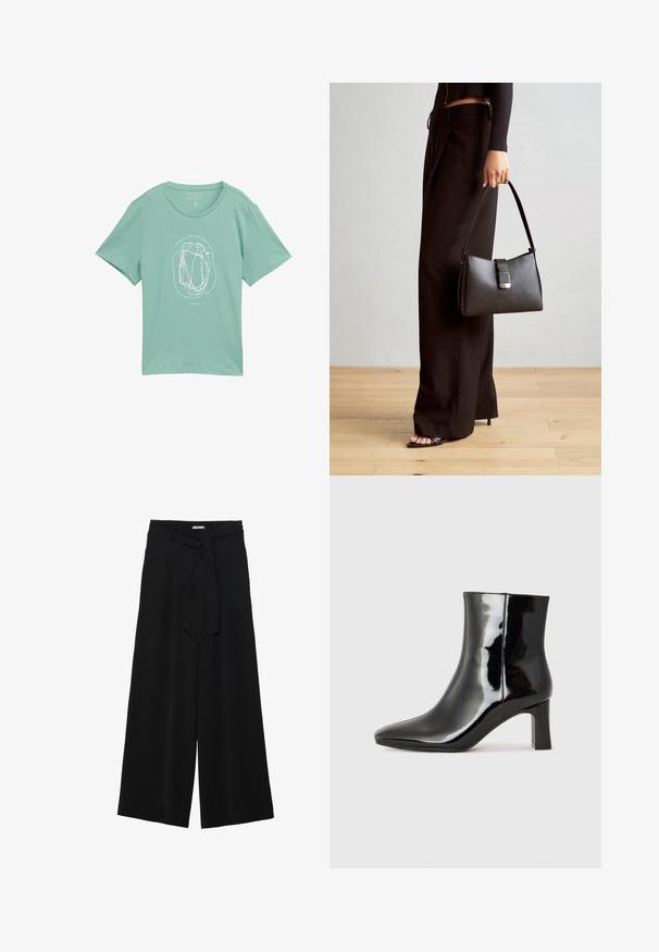 Mėtų žalia trumparankovė marškinėliai iš minkštos medžiagos, suapvalinta balta grafika ir abstrakčiomis linijomis bei tekstu aplink ją.; Juoda plačių kojų kelnės, pagamintos iš tekstūruoto audinio, su elastingu juosmeniu ir atsegamu diržu juosmenyje, leidžiančiu reguliuoti dydį.; Juodos lakuotos odinės aulinukės su smailiu pirštu ir vidutinio aukščio blokuotu kulnu. Lygus paviršius ir minimalistinis dizainas.; Juodas rankinė struktūrizuota forma, lygi tekstūra ir metalinis užsegimas. Suporuota su plačiomis juodomis kelnėmis ir atvirais bateliais ant medinių grindų.